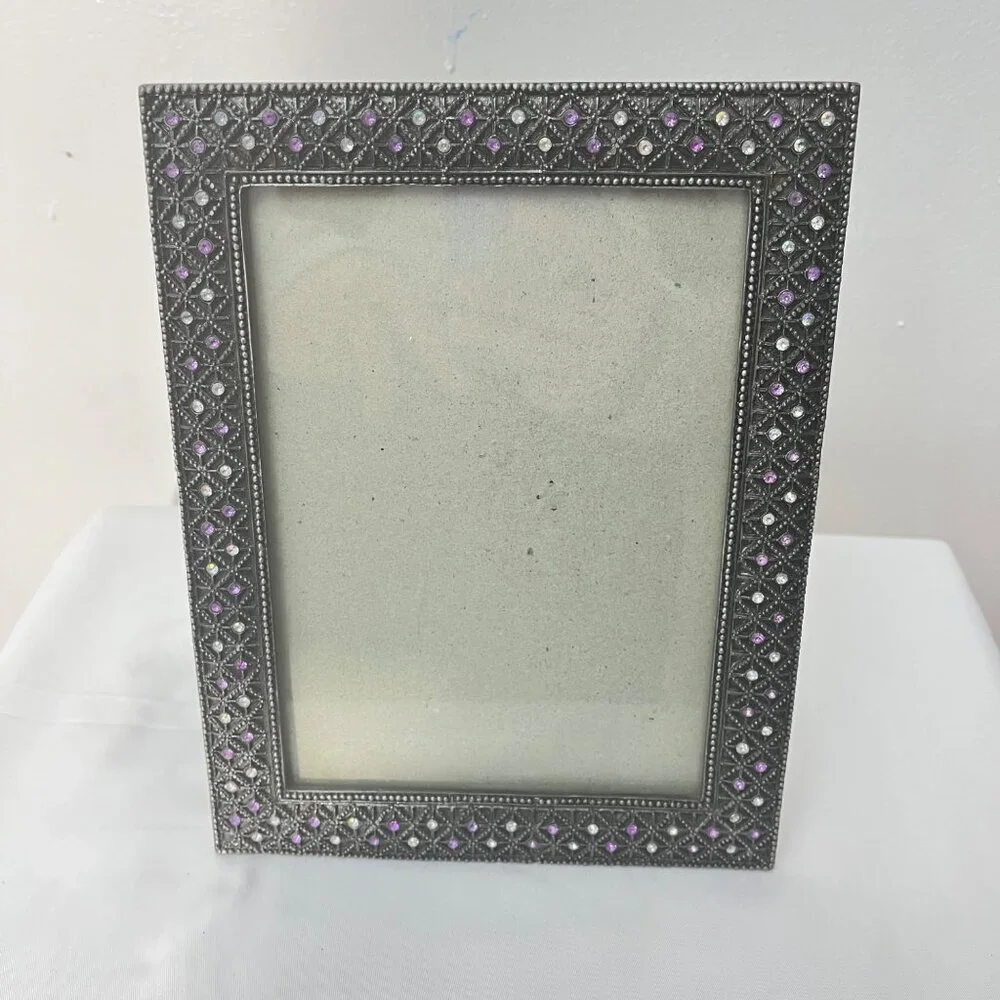 Vintage‎ Gun Metal Picture Frame With Purple & Clear Gem Accents For 4x6 Photos